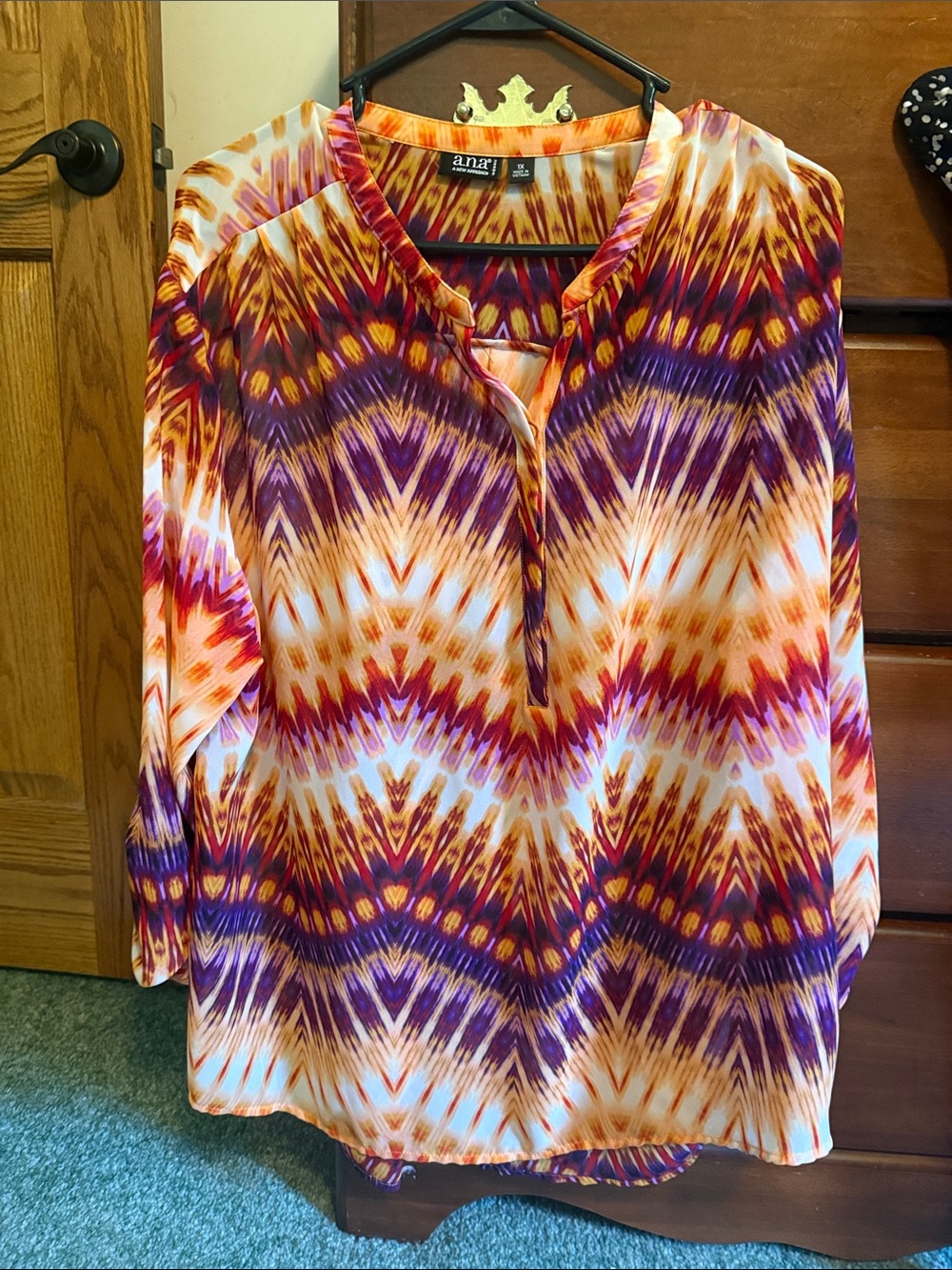 A.N.A Orange, Purple & White Patterned Tunic Top size 1x EUC
